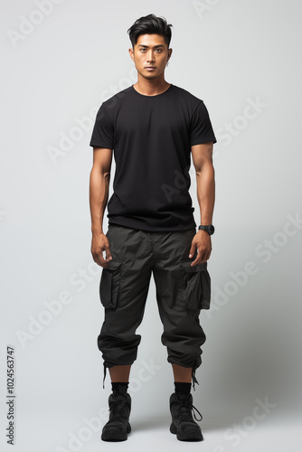 A smiling man confidently posing in a casual black t-shirt and jeans