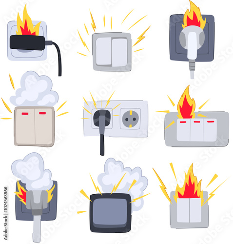 short circuit fire set cartoon. safety prevention, hazard overload, insulation sparks short circuit fire sign. isolated symbol vector illustration