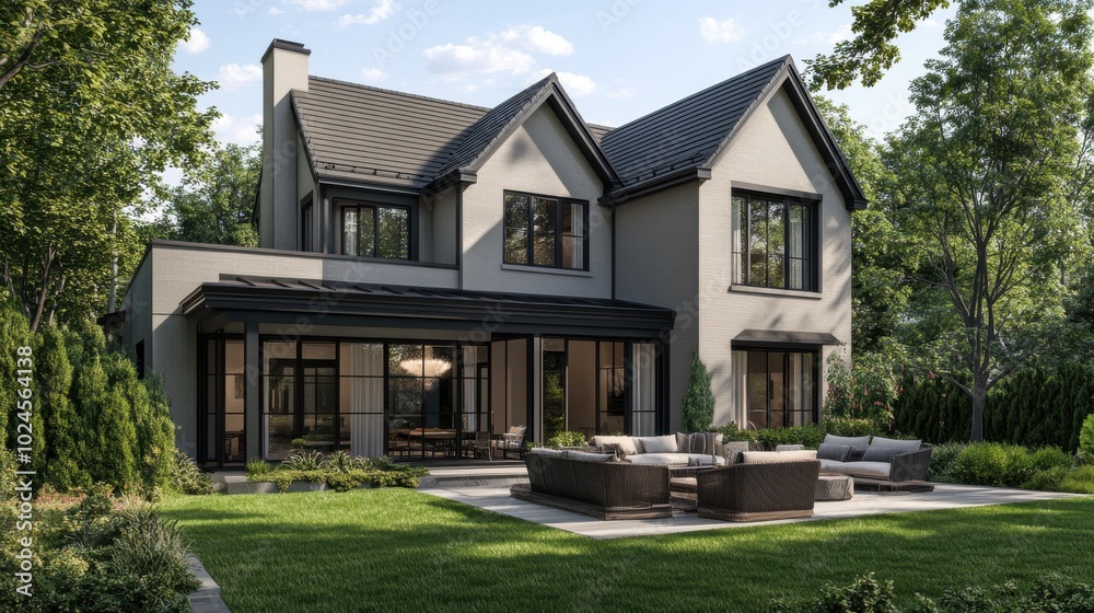 A stunning two-story home with a large backyard featuring an outdoor patio A stunning two-story home with a large backyard featuring an outdoor patio