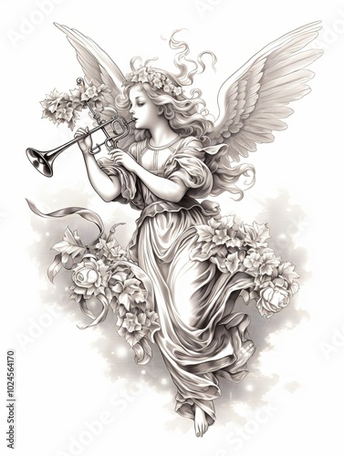 Wallpaper Mural Angelic Figure Playing a Trumpet Amidst Floral Embellishments Torontodigital.ca