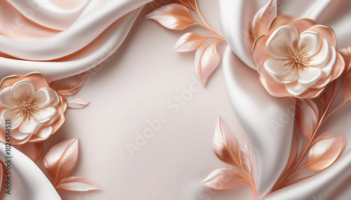 Silk fabric with rose gold flowers and copy space