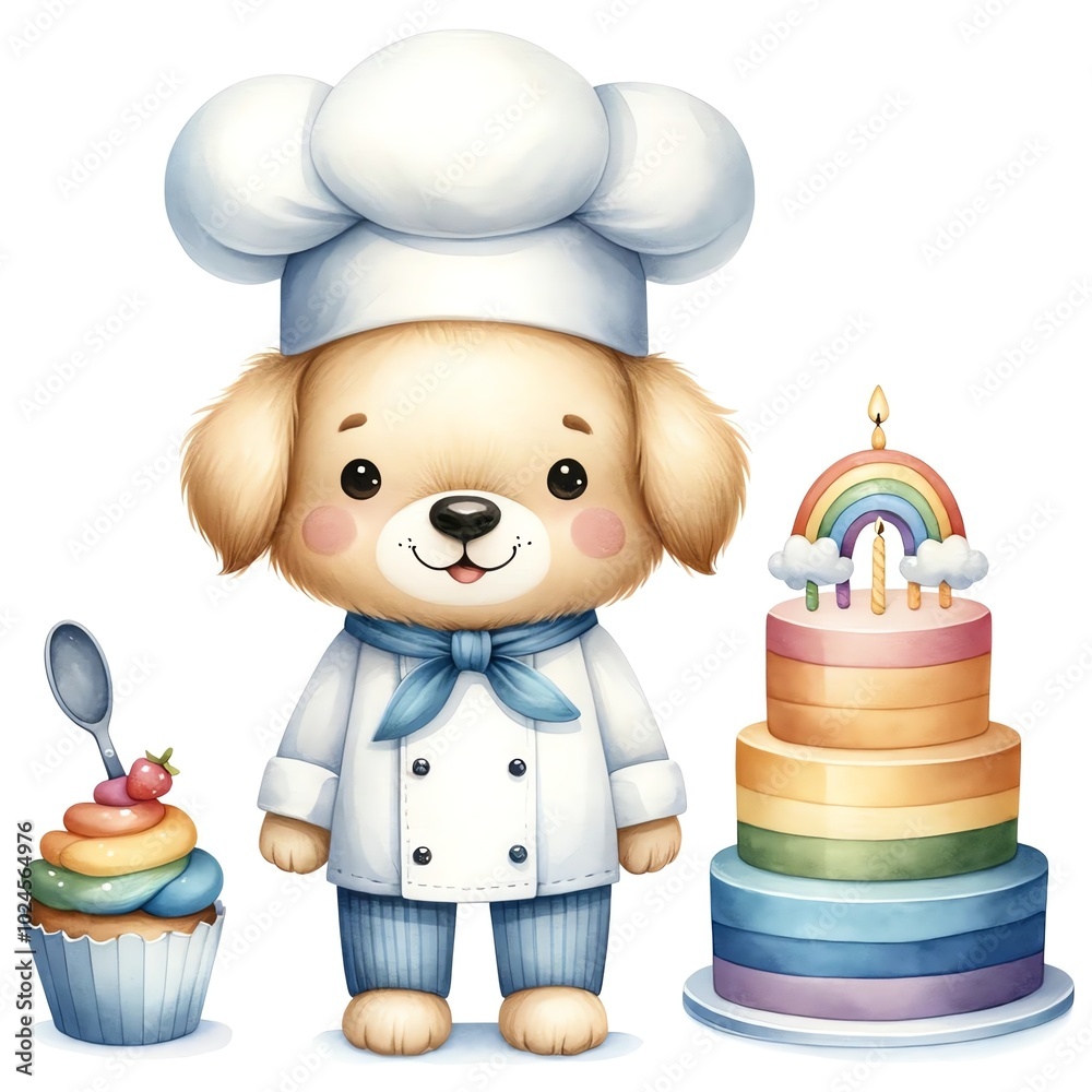 A cute puppy chef standing beside a colorful cake and cupcake, perfect for children's baking themes and festive celebrations. A cute puppy chef standing beside a colorful cake and cupcake, perfect for children's baking themes and festive celebrations.