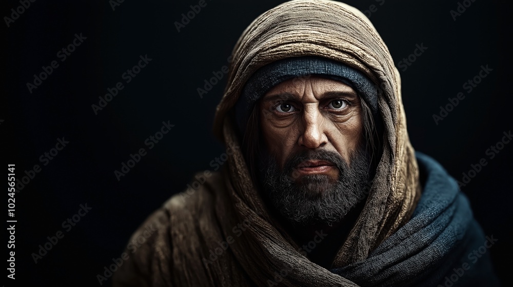 Portrait of a middle-aged man with intense expression, wearing a hooded cloak and dark clothing, against a dark background Portrait of a middle-aged man with intense expression, wearing a hooded cloak and dark clothing, against a dark background