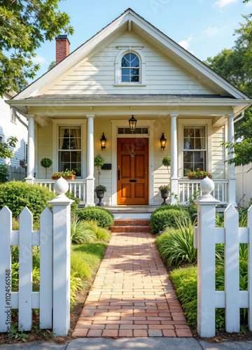 Charming Yellow Cottage House with Brick Path and White Fence