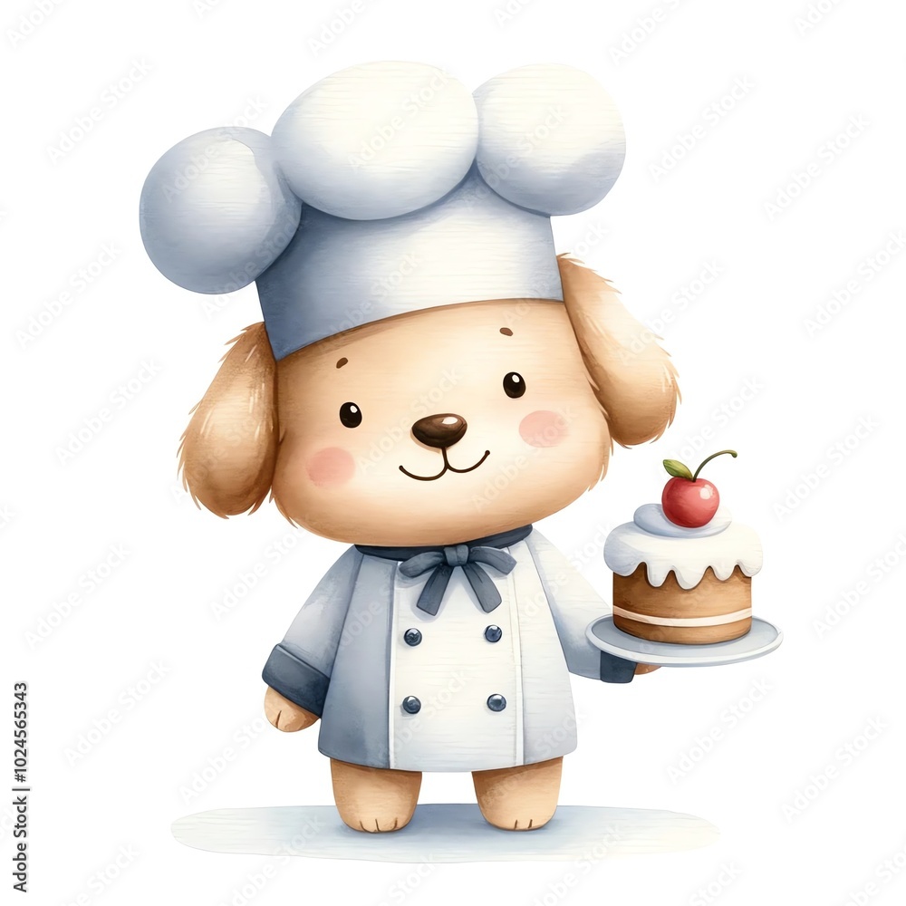 Cute cartoon dog chef holding a delicious cake with cherry. Perfect for children's themes and baking illustrations. Cute cartoon dog chef holding a delicious cake with cherry. Perfect for children's themes and baking illustrations.