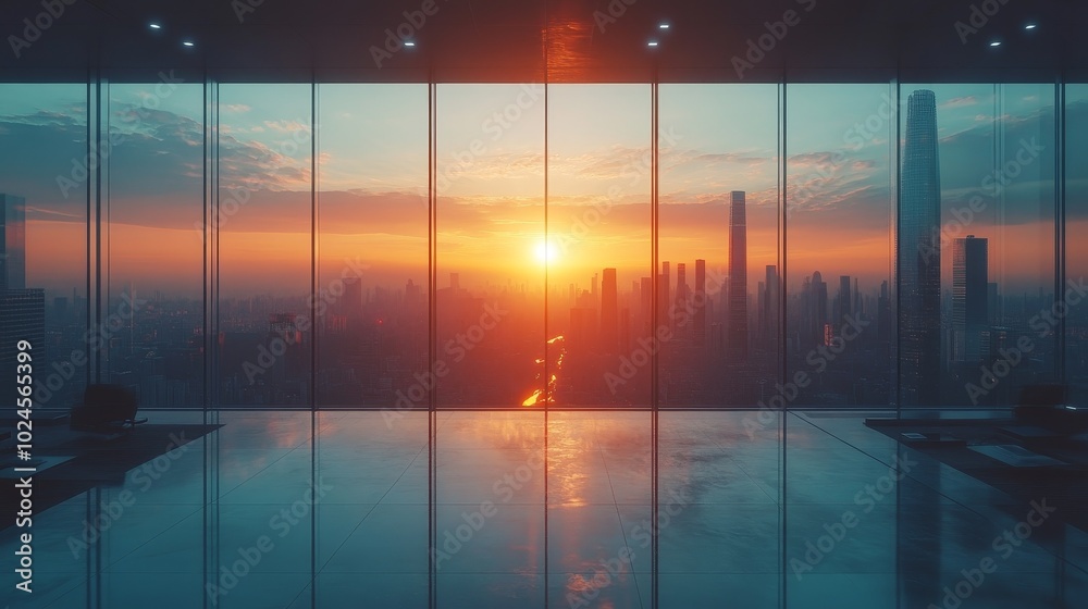 Fototapeta premium The futuristic office space overlooks stunning city landscapes through towering windows, showcasing a modern work environment filled with natural light and stylish design.