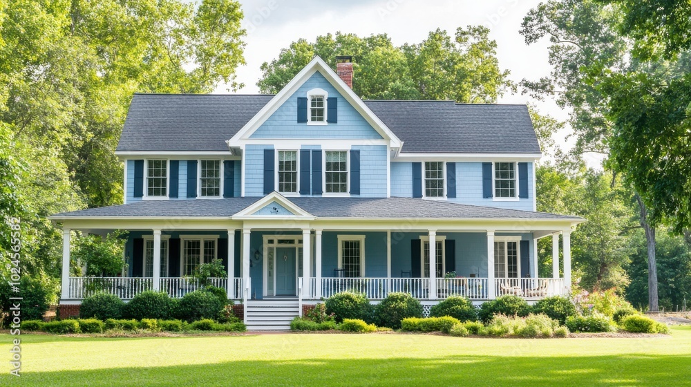 A traditional, spacious two-story home with classic architectural elements A traditional, spacious two-story home with classic architectural elements
