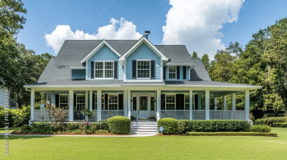 Obraz premium A traditional, spacious two-story home with classic architectural elements