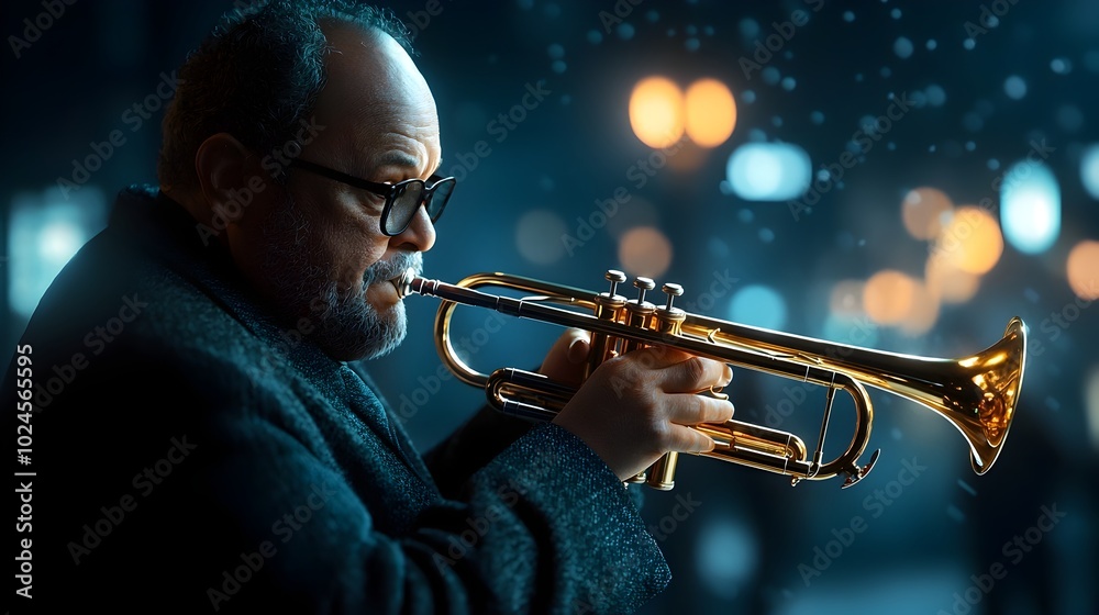 Obraz premium A talented jazz musician plays a captivating solo on a brass trumpet with the instrument s warm tones illuminated by the moody low light ambiance of a dimly lit bar setting