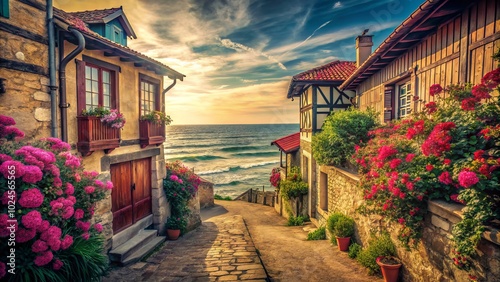 In a nostalgic vintage style, photography showcases delightful maisons in Capbreton, nestled by the seaside, radiating charm and tranquility amidst the coastal landscape.