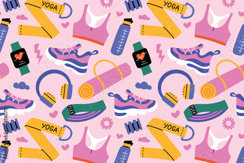Sports vector pattern with fitness gear, seamless print with sneakers, yoga mats, water bottles, and accessories. Fun flat cartoon design, ideal for activewear, gym, and wellness themed collections