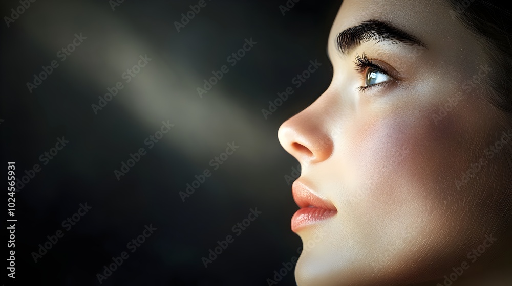 Fototapeta premium A woman s pensive profile is dramatically illuminated by a single beam of light in a dark and mysterious room creating a powerful and emotive atmosphere