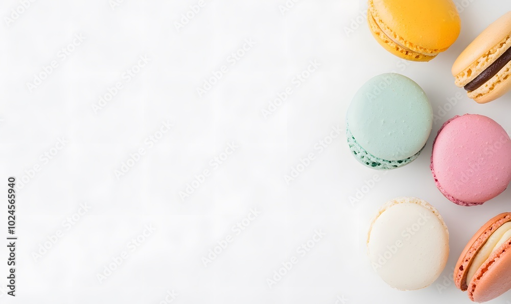 Close up of vibrant macarons against a white backdrop , Generative AI Close up of vibrant macarons against a white backdrop , Generative AI