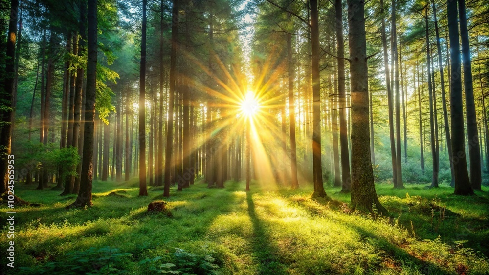 Sun shining through a clearing in the forest Sun shining through a clearing in the forest