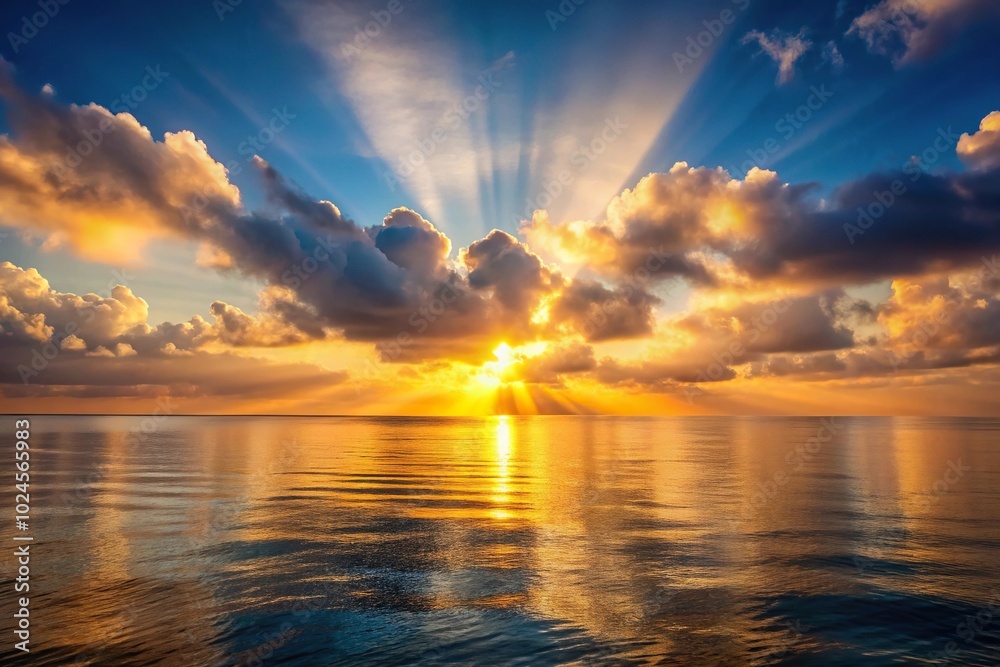 Sun shining through clouds at magical sunrise over calm sea Sun shining through clouds at magical sunrise over calm sea
