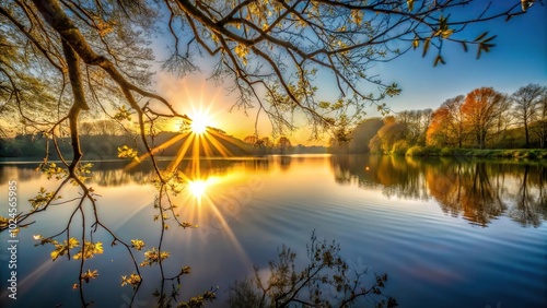 Sun shining through a low hanging tree over a mill pond