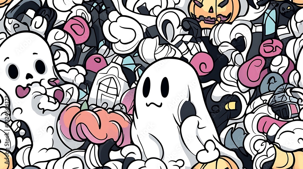 Fototapeta premium A seamless doodle pattern featuring a spooky Halloween scene filled with ghosts, jack-o’-lanterns, bats, witches on broomsticks, and haunted houses, all arranged in a dynamic, flowing design.