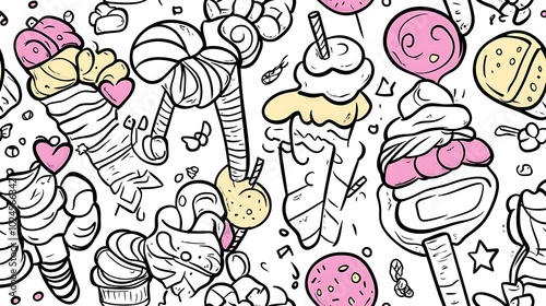 A seamless doodle pattern featuring a vibrant candy shop scene filled with lollipops, candies, donuts, ice cream cones, and sprinkles, all arranged in a playful, swirling design. Bright,