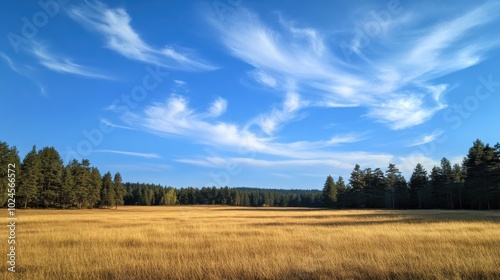 A vast open field of golden grass under a bright blue sky filled with scattered, soft clouds