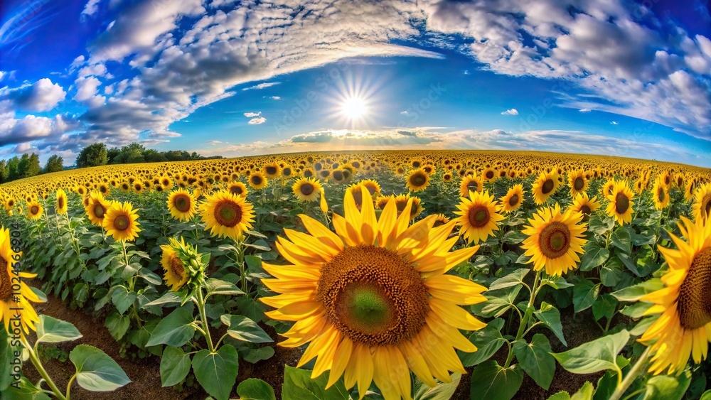 Fototapeta premium Sunflower field with blue sky background, Fisheye lens effect