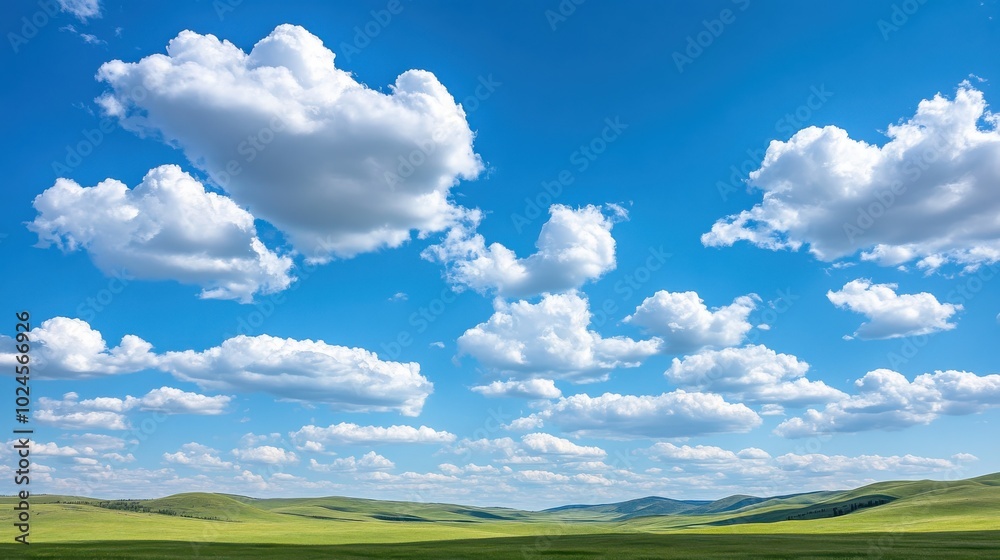 A vibrant, expansive landscape with rolling green hills under a wide sky filled with scattered