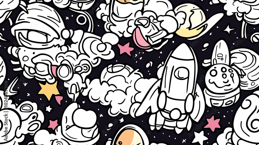 Fototapeta premium A seamless doodle pattern featuring a vibrant space scene filled with rockets, planets, shooting stars, and comets, arranged in a dynamic, swirling layout. Bold lines and colorful design style,