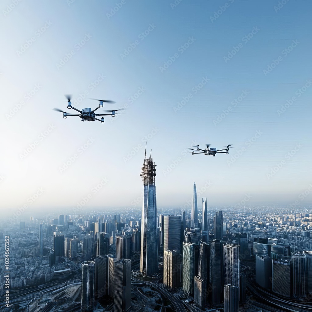 AI in construction, autonomous drones building skyscrapers, urban skyline AI in construction, autonomous drones building skyscrapers, urban skyline