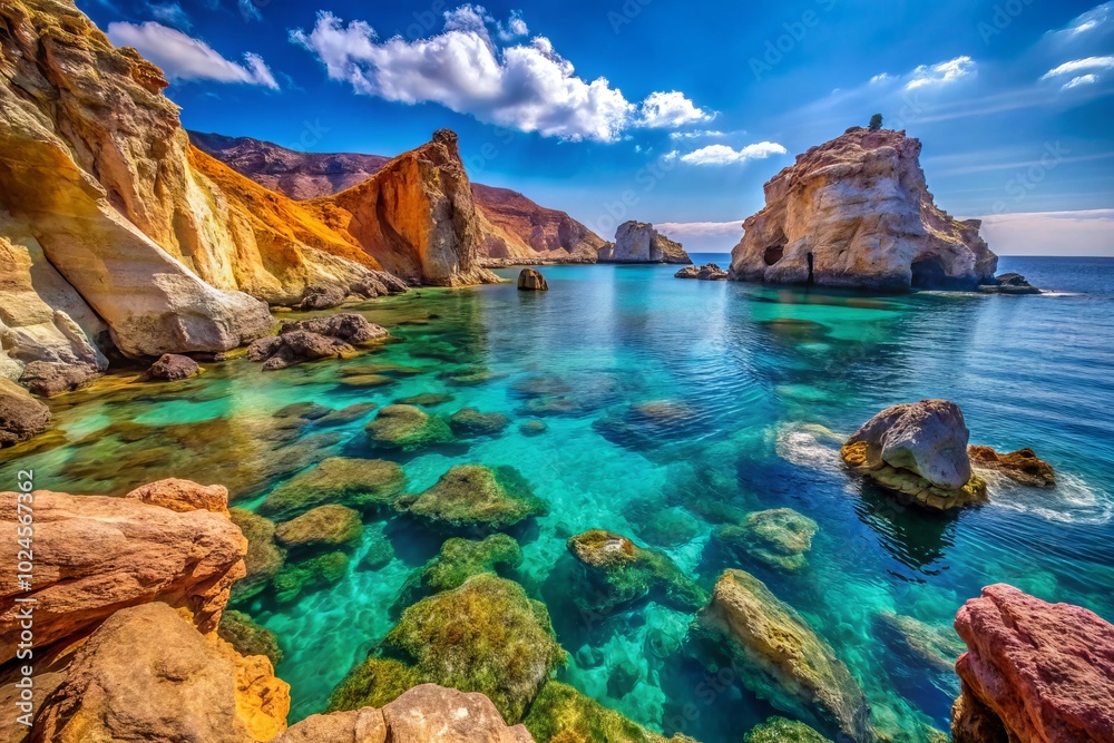 Fototapeta premium Incredible macro photography of Milos, Greece, reveals gorgeous seaside vistas and coastal splendor, emphasizing the island’s enchanting allure and the beauty beneath its waters.