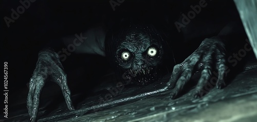 A creepy monster with glowing eyes emerges from the darkness, peering at the viewer with an unsettling expression.