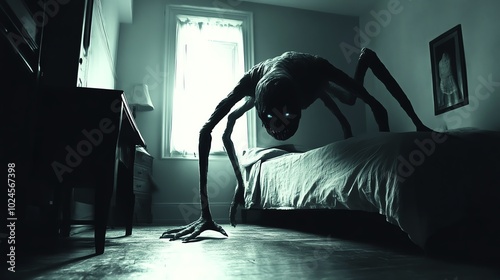 A terrifying figure with long limbs stands over a bed in a dimly lit room.
