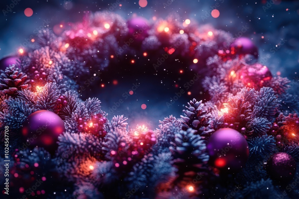vibrant 3d circle design adorned with festive elements like snowflakes and ornaments celebrating a joyful merry christmas and happy new year soft glowing lights enhance the cheerful atmosphere