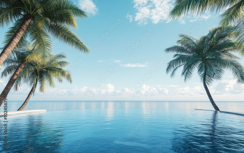 Side view of the swimming pool, with palm trees casting playful shadows on the water's surface. Side view of the swimming pool, with palm trees casting playful shadows on the water's surface.
