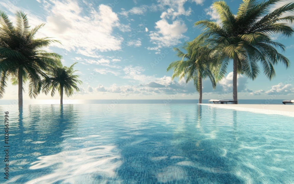 Side view of the swimming pool, with palm trees casting playful shadows on the water's surface. Side view of the swimming pool, with palm trees casting playful shadows on the water's surface.