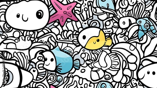 Wallpaper Mural A seamless doodle pattern featuring a vibrant underwater scene filled with colorful fish, starfish, coral reefs, seaweed, and floating bubbles, all arranged in a harmonious layout. Soft, Torontodigital.ca