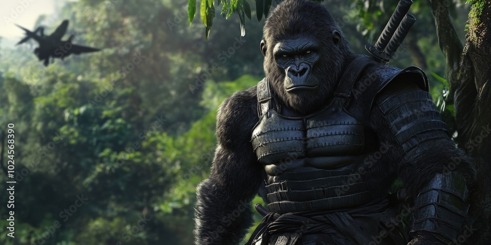 A gorilla wearing armor stands in a jungle. A gorilla wearing armor stands in a jungle.