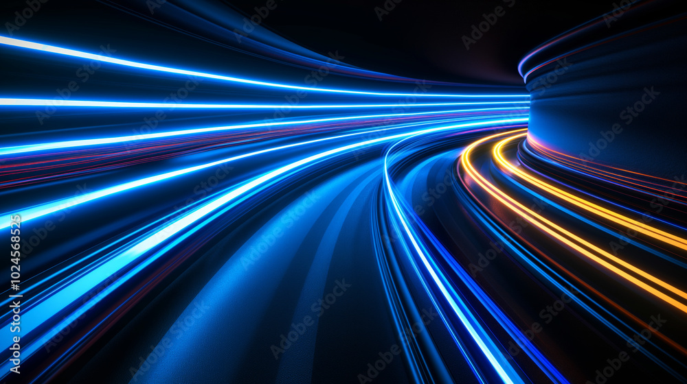 Long exposure speed light trails in blue and yellow on a curved road tunnel at night, hyperdrive or warp travel through space concept Long exposure speed light trails in blue and yellow on a curved road tunnel at night, hyperdrive or warp travel through space concept