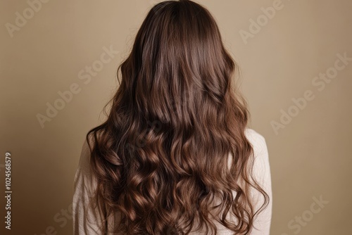 A woman with long, flowing curly brown hair is seen from the back. Her hair cascades in perfect