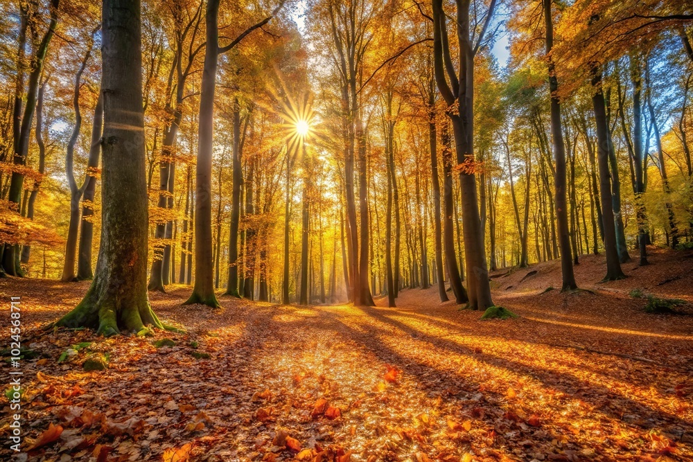 Obraz premium Sunlit forest with autumn leaves scattered on the ground