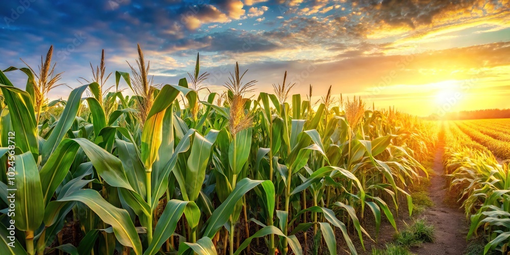 Fototapeta premium Sunlit corn field at sunrise for harvesting