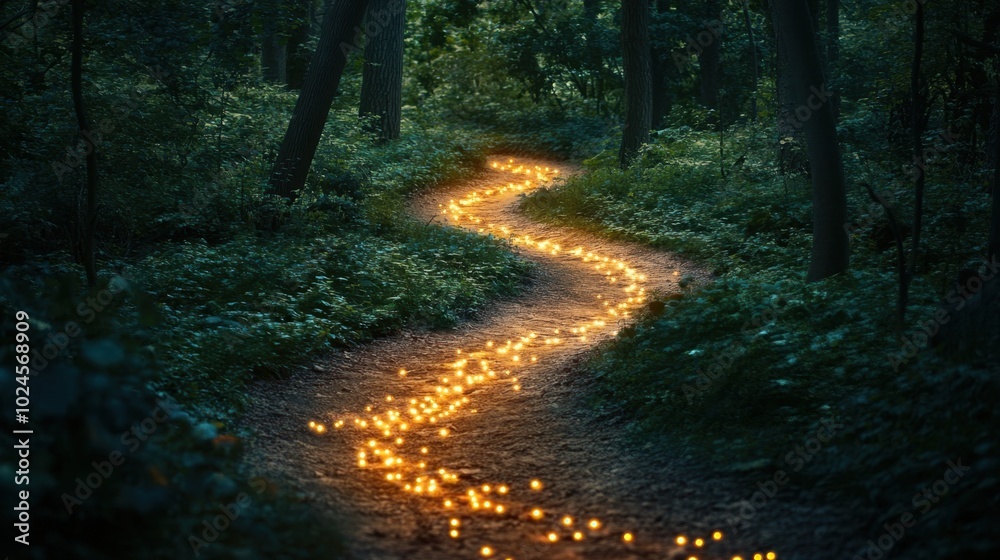 Obraz premium A magical winding path illuminated by glowing lanterns in a serene forest at twilight