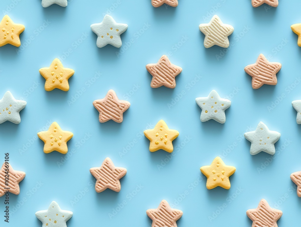 Seamless pattern Colorful star-shaped cookies arranged on a blue background, creating a playful and vibrant perfect for celebrations. Seamless pattern Colorful star-shaped cookies arranged on a blue background, creating a playful and vibrant perfect for celebrations.