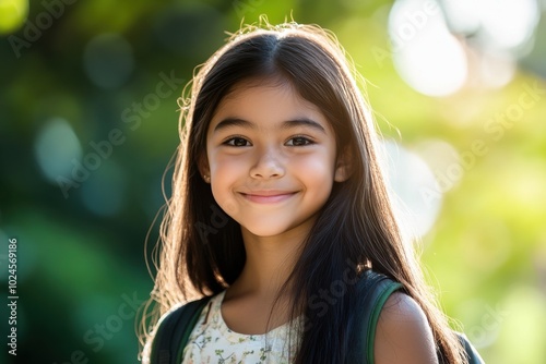 A young girl with long dark hair smiles softly at the camera while wearing a backpack