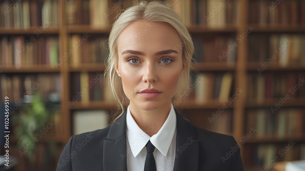 Portrait of a Confident Young Woman in Formal Wear with Bookshelves in the Background Portrait of a Confident Young Woman in Formal Wear with Bookshelves in the Background