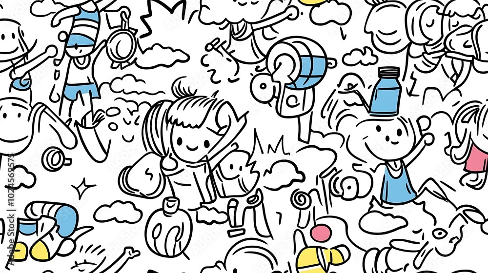 A seamless doodle pattern of a lively fitness frenzy, featuring people in exercise poses, gym equipment like dumbbells and kettlebells, yoga mats, water bottles, A seamless doodle pattern of a lively fitness frenzy, featuring people in exercise poses, gym equipment like dumbbells and kettlebells, yoga mats, water bottles,