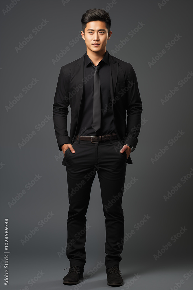 Smiling businessman in a suit standing confidently in a studio, showcasing success and elegance Smiling businessman in a suit standing confidently in a studio, showcasing success and elegance