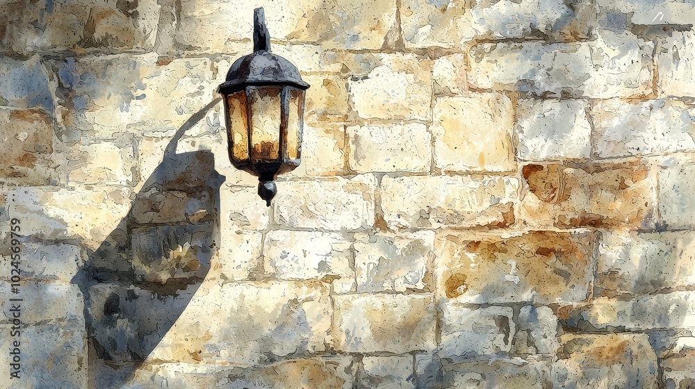 Gothic wall lamps cast complex shadows on ancient stone walls in a watercolor style, showcasing the fusion of historical elegance and artistic style, with intricate textures and atmospheric lighting. Gothic wall lamps cast complex shadows on ancient stone walls in a watercolor style, showcasing the fusion of historical elegance and artistic style, with intricate textures and atmospheric lighting.