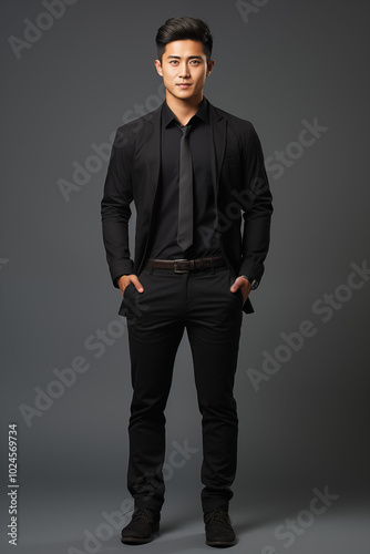 Smiling businessman in a suit standing confidently in a studio, showcasing success and elegance