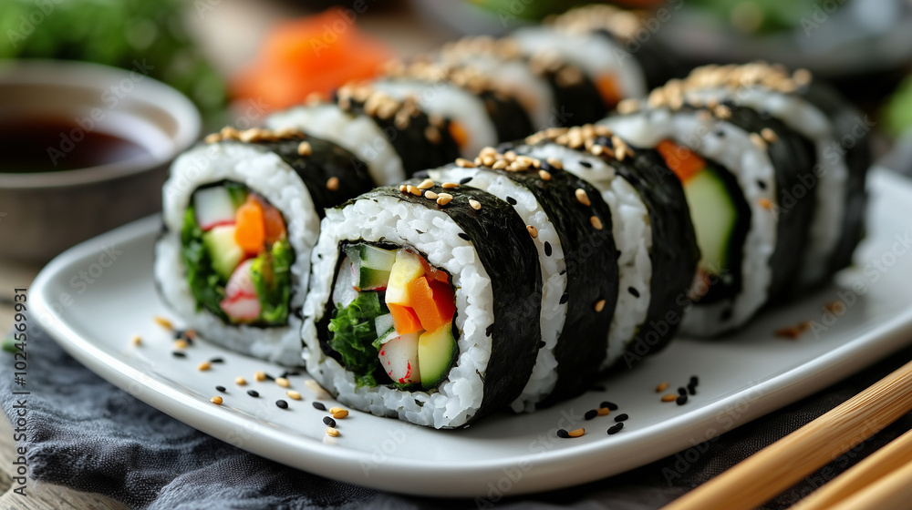 Vegetarian sushi rolls on the white plate Vegetarian sushi rolls on the white plate