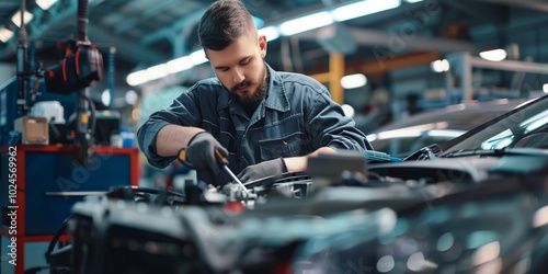 a car mechanic works on the engine of a vehicle in a workshop