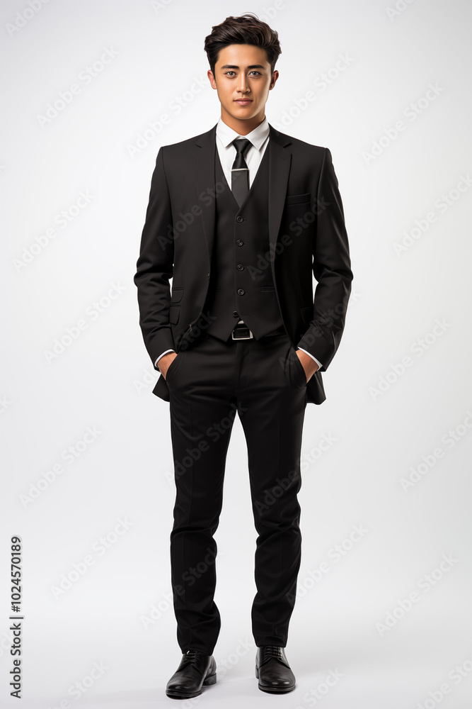 Smiling businessman in a suit standing confidently in a studio, showcasing success and elegance Smiling businessman in a suit standing confidently in a studio, showcasing success and elegance
